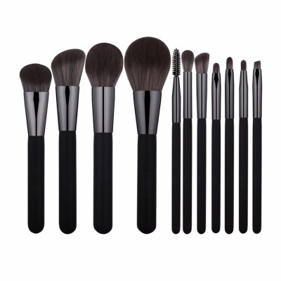 High Quality 11pcs Gradient Black Color Make up Brushes Set Flat Brush Kit Synthetic Hair Custom Makeup Brush Angular Blush