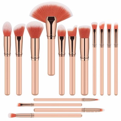 Angular Brushes Pink Professional Foundation Synthetic Hair 15pcs Makeup Brush Set Customizable Wooden Handle Makeup Brush