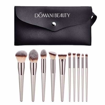 Ms Makeup 10pcs Champagne Gold Flat Brush Creat Own Logo Makeup Brushes with Bag Black Vegan Synthetic Makeup Brush in Eyeshadow