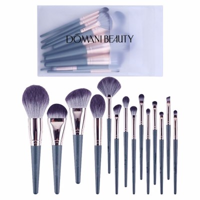 Low Moq 14 Pcs Professional Quality Private Logo Cosmetic Brush Transparent Packaging Green Wood Handle Soft Makeup Brush Kit